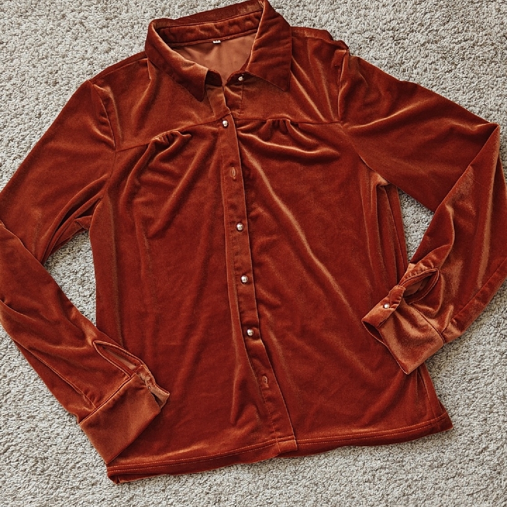 2/ $10. Women's Velvet Button Down Shirt - Burnt Orange